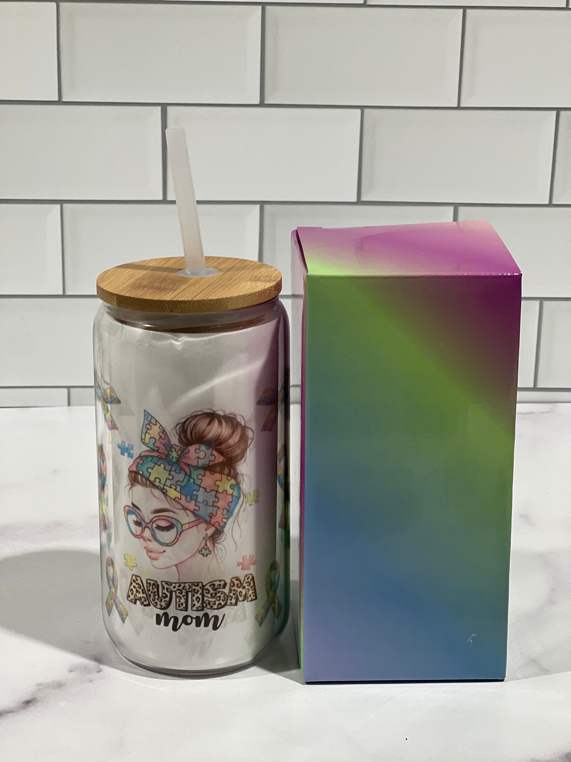 autism mom Libby glass can with gift box