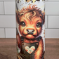 Tumbler with a cow design on a wooden surface and white tiled wall background