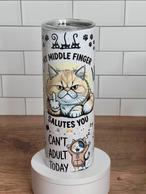 Tumbler with a cat illustration and humorous text on a white background