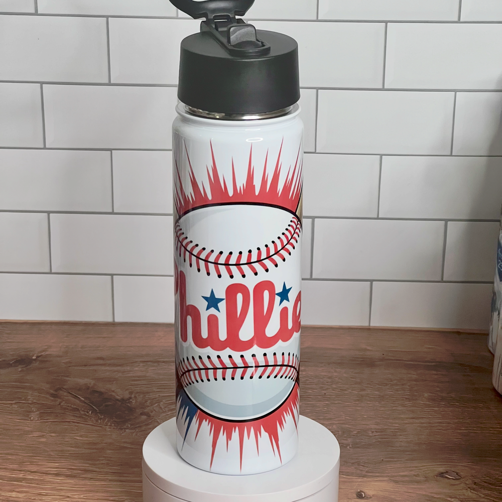 Water bottle with 'Phillies' design on a white background