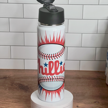Water bottle with 'Phillies' design on a white background